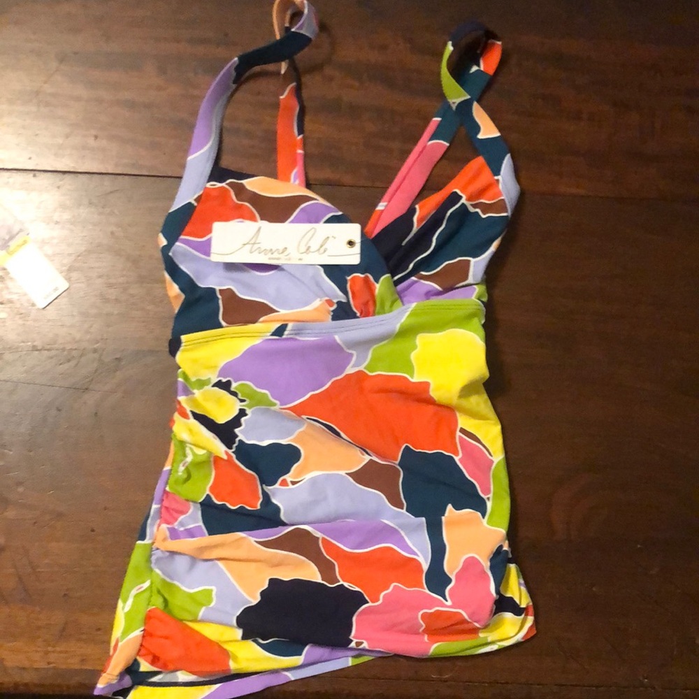 Anne Cole Red and Pink Swimsuit Top Only Vibrant Geometric Design